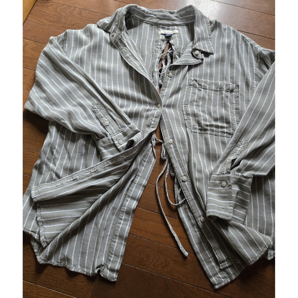 AE Long Sleeve Tie Back Buttonn Up Shirt Medium Striped Cotton Oversized Relaxed - Picture 3 of 9
